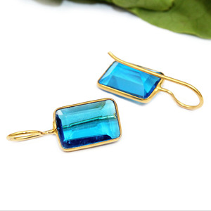 Fashion Jewelry Checker Cut London Blue <b>Quartz</b> Rectangular Shape 24k Gold Plated Bezel <b>Earring</b> Brass Wholesale for Women Girls - Product Image 3