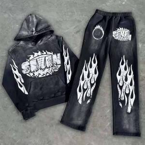 Custom High Quality Vintage <b>Tracksuit</b> Sweatsuit for Men Distress Acid Wash Hoodie and Sweatpants Set Winter Flare Pant Suit - Product Image 6