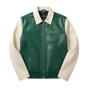 Veste streetwear unisexe en cuir de vache d'hiver, vert et blanc, bomber de baseball, broderie personnalisée, logo sur le devant, toile enduite - Product Image 1