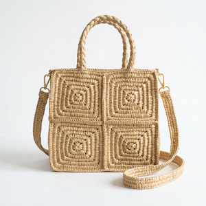 Bolso de Mano Cuadrado de Rafia con Patrón Geométrico, Estilo Bohemio, Bolso Tote para Mujer con Correa Extraíble, Ecológico, para Uso Diario - Product Image 1