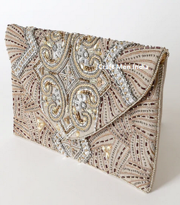 Flap <b>Clutch</b> Bag with Hand Bead Stone and Pearl Embroidery Suede Material Vintage Lady Style for <b>Brides</b> Wedding Party Wear - Product Image 1