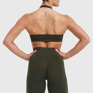 Women <b>Halter</b> <b>Neck</b> Sports <b>Bra</b> Solid Color Seamless Medium Support Yoga Fitness Wear Breathable Quick Dry Spandex Polyester - Product Image 4