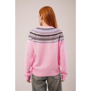 Suéter de Punto Rosa al por Mayor con Cuello Redondo y Estampado Étnico, Estilo Casual - Product Image 1