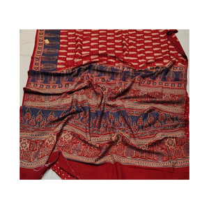 Saree en pur coton mousseline rouge avec tissu traditionnel Ajrakh Block Print doux et respirant - Product Image 1