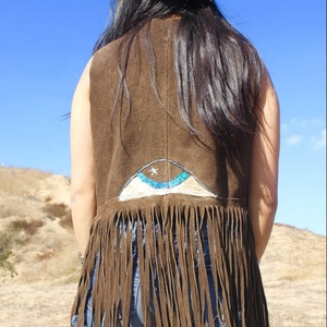 Chaleco Vintage Marrón con Bordado a Mano Srj Cosmic Eye para Mujer, Vestido Casual Sexy de Algodón con Flecos Largos y Lazos Delanteros, Talla XL, ODM, Corte en A - Product Image 1