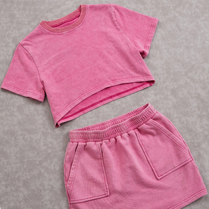 Camisas y faldas de algodón lavado ácido personalizadas OEM conjuntos de mujer logotipo personalizado verano Crop Top camisas y faldas conjuntos cortos de mujer - Product Image 5