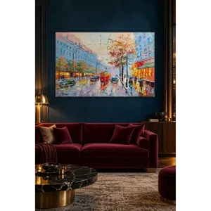 Impression sur toile de la tramway rouge Fida dans une rue d'automne pluvieuse - Product Image 1