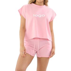 Nuevo conjunto de dos piezas de verano a la moda para mujer, camisas de manga corta de secado rápido y pantalones cortos por encima de la rodilla en material de poliéster/algodón - Product Image 1