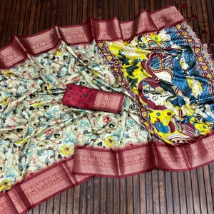 Sari de Seda de Lichi Pura con Estampado Digital Kalamkari Pichwai, Borde de Jacquard Enriquecido, Borlas en el Pallu, Calidad Premium - Product Image 2