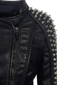 Chaqueta motorista de piel sintética con cremallera asimétrica estilo Punk para mujer personalizada perfectamente moldeada estilo informal Punk remaches tachuelas exterior PU - Product Image 5