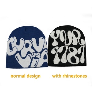 HK48 Venta al por mayor de acrílico 2 tonos personalizados de gran tamaño de punto de diamantes de imitación de invierno de punto Jacquard Beanie Sombreros para mujer - Product Image 3