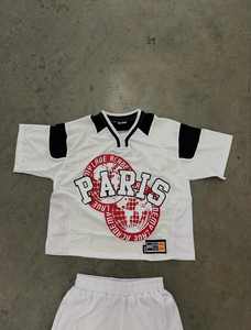 T-shirts et pantalons de survêtement Logo personnalisé T-shirt à col en V surdimensionné hommes bouffée impression rue été ensemble hommes T-shirt et pantalons ensembles - Product Image 5