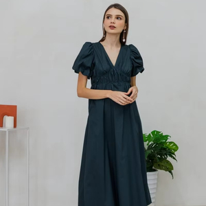 Tela de rayón verano cuello en V longitud media Maxi vestidos sueltos Casual manga corta señoras Maxi vestido para mujer - Product Image 1