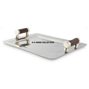 Plateau de service en métal en acier inoxydable avec poignées latérales en bois en forme de rectangle pour les fêtes de mariage et la décoration de table - Product Image 1