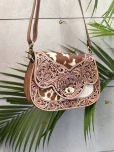 Western Stylish Cowhide Fur Leather Handbag Hand Tooled Carving Leather Small Size Sling <b>Bag</b> Gypsy Boho Handmade Multi Uses <b>Bags</b> - Product Image 2