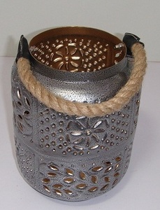 Antique Silver Metal Lantern Floral Cutout Votive Holder with Jute <b>Rope</b> Handle Decorative Tabletop Lantern Home Wedding Lantern - Product Image 4