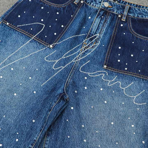 Summer Sexy Ripped Man Designer Street Gem Diamond Crystal Rhinestone Beaded High Waist Straight Woven Custom Denim Shorts - Product Image 3