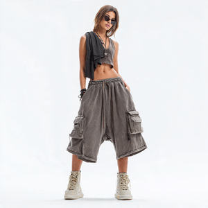 Shorts cargo amples et surdimensionnés pour femmes, été, taille haute avec cordon de serrage, en molleton, séchage rapide, respirant - Product Image 2