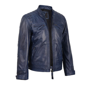 Chaqueta de invierno con cremallera y botones de manga larga ajustada de cuero azul claro suave para hombre precio al por mayor con lona impermeable y transpirable - Product Image 3
