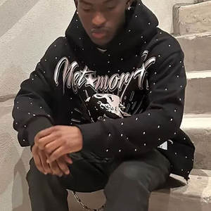 Sweat à capuche en coton mélangé uni, style rockstar, streetwear éco-responsable, avec strass et coupe tendance pour l'hiver - Product Image 6