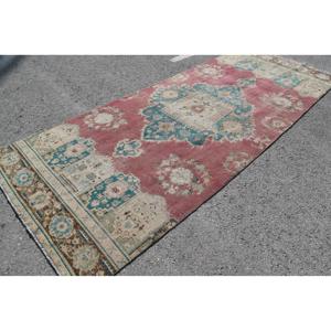 Turkish Vintage Rug, 5x12.5 ft Rug, <b>Red</b> Blue Plants & trees <b>Wool</b> Rug - Product Image 3