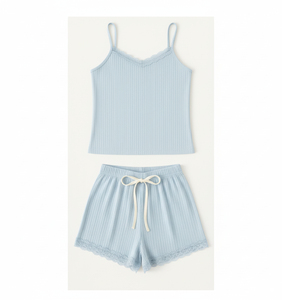 Ensemble pyjama côtelé en maille avec dentelle pour femme, respirant, coupe ajustée au genou, vente en gros, fournisseur direct d'usine - Product Image 5