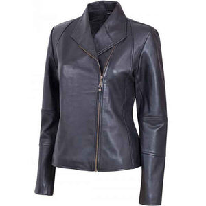 Femmes Automne Hiver Noir Cuir Véritable Doublure Satin Respirant Coupe-Vent Veste de Moto Fermeture Éclair Col Montant - Product Image 1