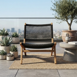 Chaise longue d'extérieur moderne en teck noir avec sangles en corde tressée, écologique et imperméable, durable, pour patio et jardin - Product Image 2