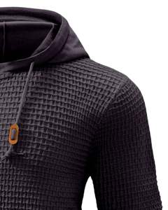 <b>Men</b> Dark Gray Textured Knitted <b>Hoodie</b> Pullover Long Sleeve Casual Sweatshirt Streetwear Winter Wear With Hood And Drawstring - Product Image 2