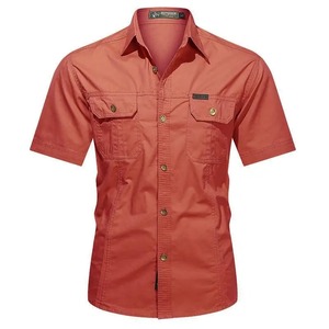 Camisa retro lavada antiarrugas con patrón liso de verano al por mayor para hombre de algodón de manga corta informal con cierre de botón cubierto - Product Image 1