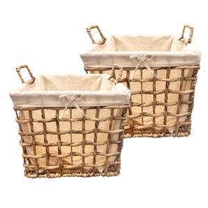 Panier de rangement tissé à la main en rotin jonc de mer en bambou avec poignées et doublure en coton décor à la maison - Product Image 1