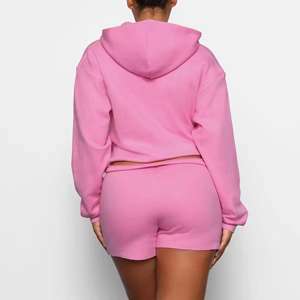 Conjunto Casual para Mujer, Sudadera con Capucha de Punto Acanalado, Top Corto, Pantalones Cortos de Cintura Alta, Color Sólido, Elástico, Transpirable y Ecológico - Product Image 3