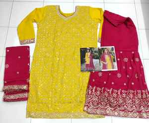 Premium lourd Jaam coton femmes multicolore indien et pakistanais Palazzo Dupatta broderie séquences miroir travail couture complète - Product Image 3