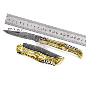 批发大马士革钢拉吉奥勒口袋刀DD-LK-WH507雕刻不锈钢，黄铜和铜制牛皮手柄