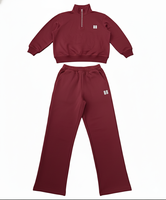 Ensemble de vêtements de détente pour femmes avec logo personnalisé, rose, hiver, haut court à demi-zip, sweat-shirt, pantalon large, ensemble de survêtement en molleton deux pièces, 100% coton