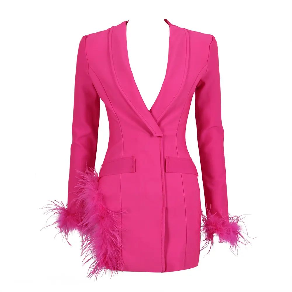 Women Blazer Dress Sexy V Neck Long Sleeve Feather Split Mini Dress Y2K Tailored Collar Suit Jacket Cocktail Party Work Office