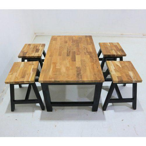 Conjunto de Mesa de Jardín de Madera Industrial de 3 Piezas, Muebles de Comedor de Madera Maciza para Patio, Mesa de Cocina para Exteriores con Estructura de Metal Negro y Taburetes - Product Image 3