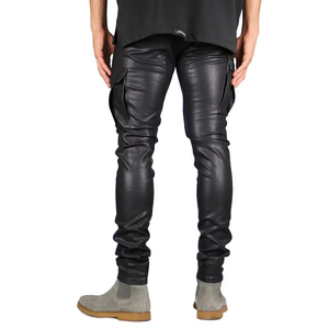 Pantalons évasés en cuir PU pour homme, coupe ample, poche zippée, streetwear moto, pantalons évasés en cuir superposés pour homme - Product Image 2