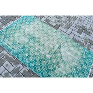 พรมตุรกีขนาด 3.37x6.1 ฟุต ลายตารางสีน้ำเงิน พรมขนสัตว์วินเทจ - Product Image 4