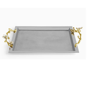Nouveau plateau brillant poli de forme carrée décoratif en acier inoxydable de luxe avec poignées de fleur en laiton - Product Image 6
