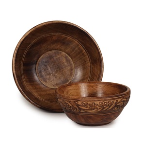 Cuencos de madera para servir ensalada de frutas, juegos decorativos de cuencos de madera tallada, juego de encimera de mesa de comedor de cocina de 2 marrones - Product Image 1