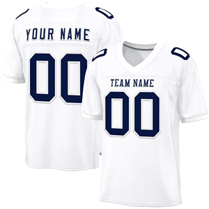 Maillot de football bleu marine blanc personnalisé col en V uniforme de football américain nom de l'équipe numéro imprimé polyester respirant - Product Image 1