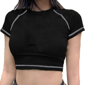 Premium Black Women Gym Crop Top With Contrast Stitching <b>Short</b> <b>Sleeve</b> Soft Stretch Fabric And Body Fit Activewear For Women - Product Image 1