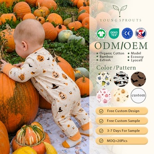 Pyjama bébé unisexe en coton bio à fermeture éclair, imprimé citrouille, pour Halloween, marque privée OEM OEKO-TEX - Product Image 1