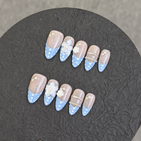 Kuku Palsu Buatan Tangan Model Pendek Almond 3D Bunga Ceri Berhias Rhinestone Lukisan Tangan Dapat Digunakan Kembali Kuku Artifisial Grosir Kustom