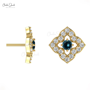 Fabricantes asiáticos Corte brillante Londres Topacio azul Push Back Studs 14K Oro sólido Flor Estilo Mujeres Pendientes Venta al por mayor India - Product Image 6