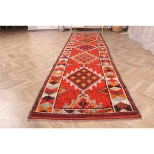 2.9x11 ft Turkish Rug, Vintage <b>Runner</b> Rug, <b>Red</b> Brown Plants & trees Rug - Product Image 2