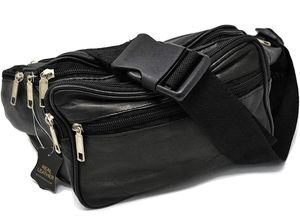 Sac banane en cuir véritable Multi Zippered Waist Bag Hip Belt Purse Black Pouch - Product Image 6