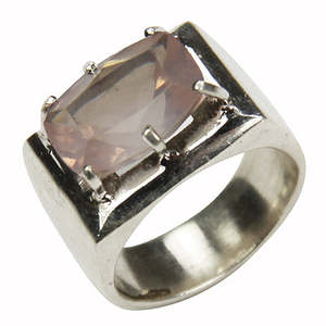"Geometric Rhodium-Plated 925 Silver Oval-Cut Rose <b>Quartz</b> <b>Ring</b> for Men's Fine Jewelry" - Product Image 1