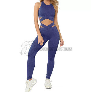 Taille moyenne 2 pièces Yoga ensemble femmes Logo personnalisé bretelles entrecroisées séchage rapide léger croix Legging soutien-gorge motif solide grande taille - Product Image 5